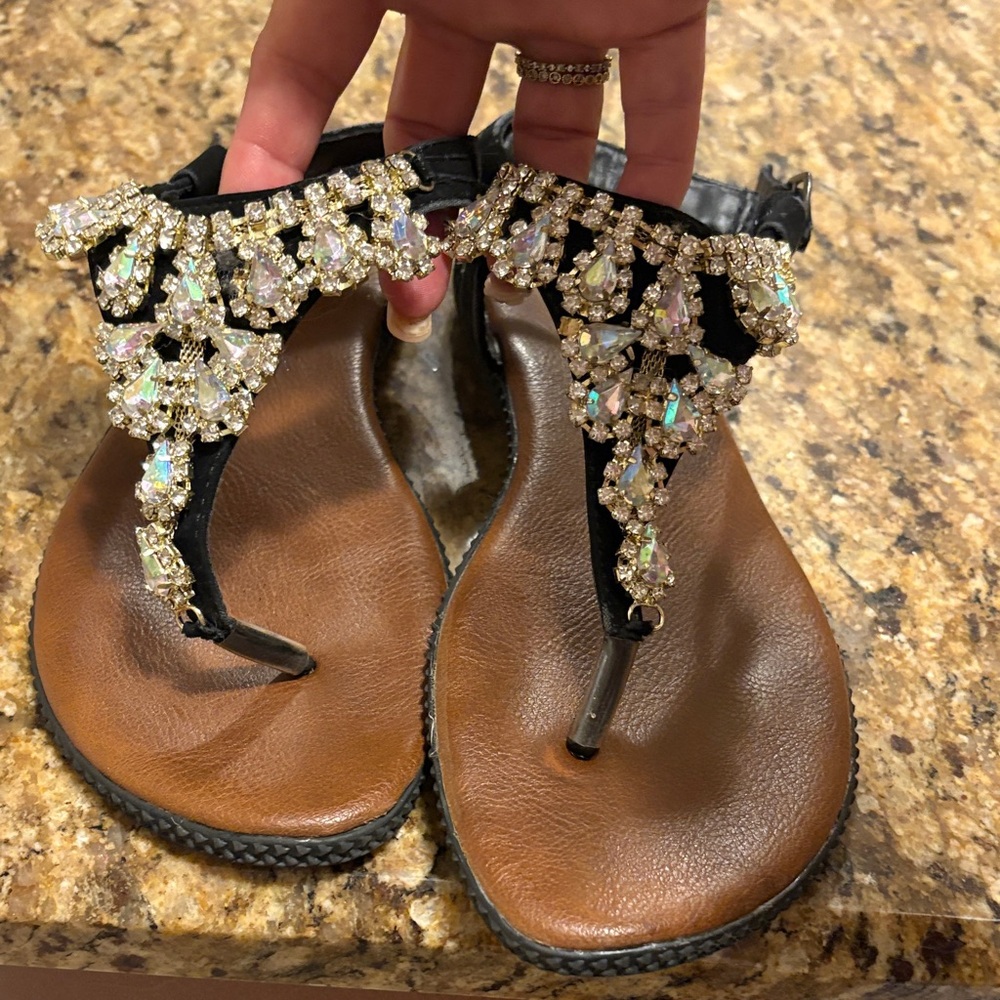 Elegant Black and Brown Sandals with Crystal Embellishments